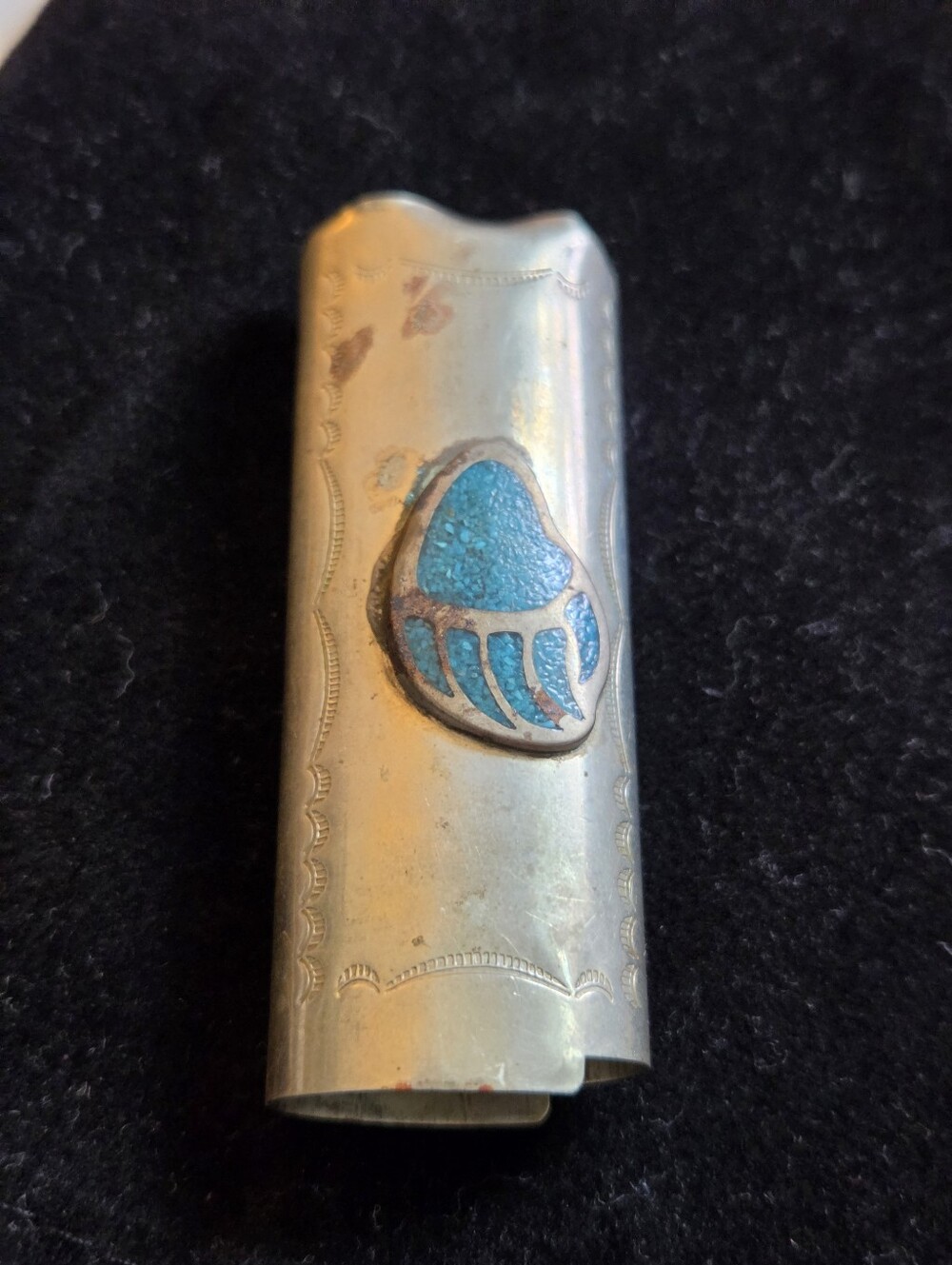 Vintage Alpaca Silver Bic Lighter Cover Inlaid Turquoise Bear Paw Distressed